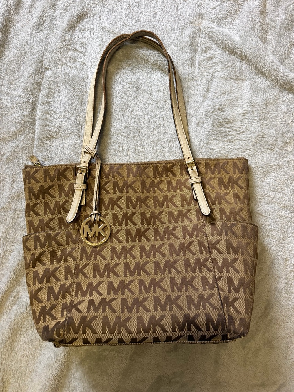 Michael Kors Tan/Brown MK Logo Tote with Gold Charm